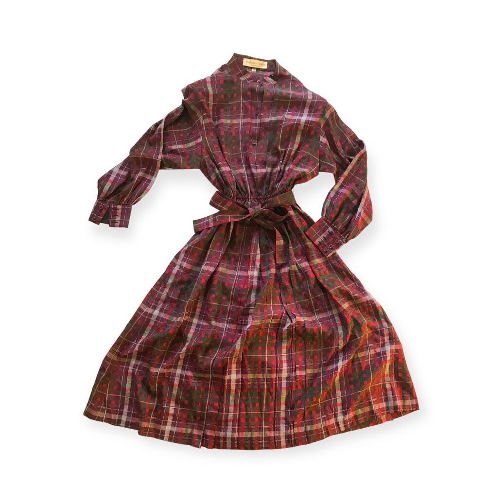 Vintage 1980s Christian Aujard Silk Plaid Shirt Dress Made in Italy, Size 40 IT